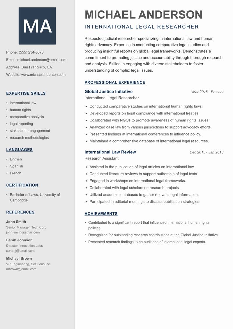 Judicial Researcher Resume Preview Example