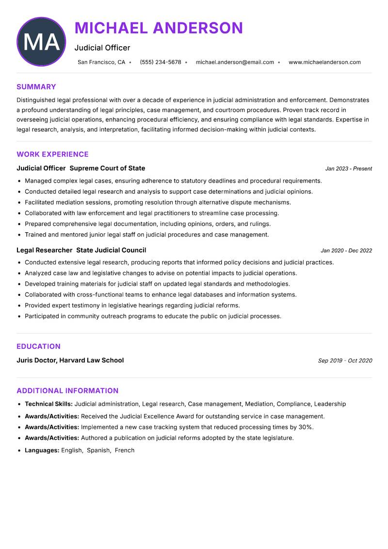 Judicial Service Officer Resume Preview Example
