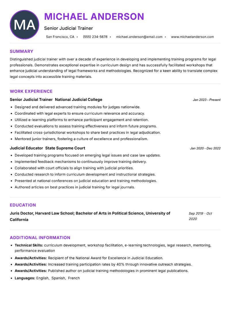 Judicial Trainer Resume Preview Example