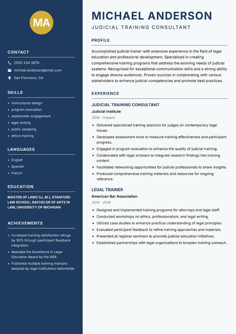 Judicial Trainer Resume Preview Example