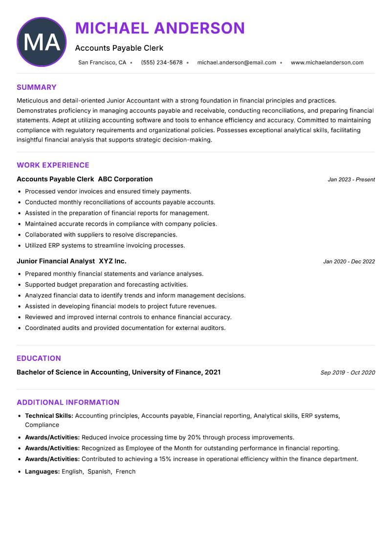 Junior Accountant Resume Preview Example