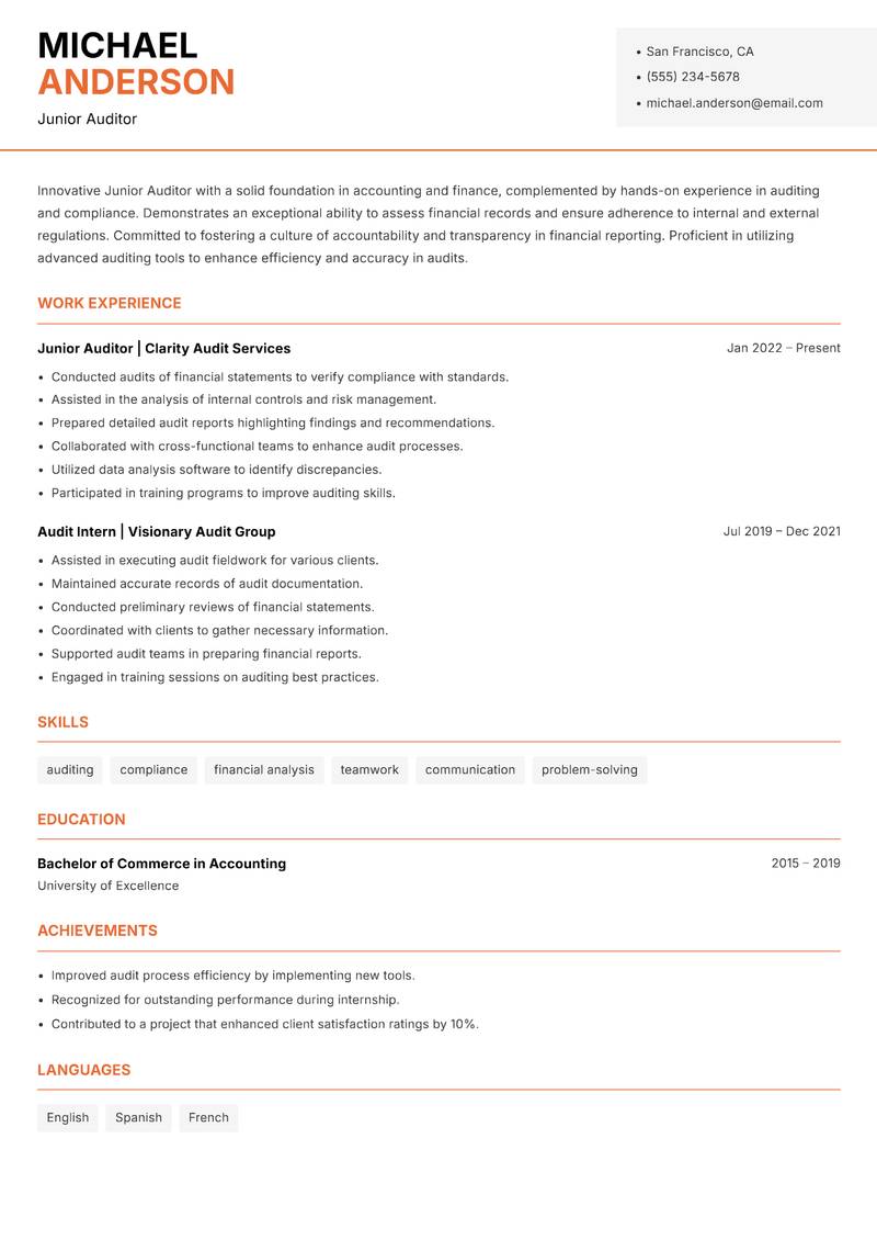 Junior Auditor Resume Template