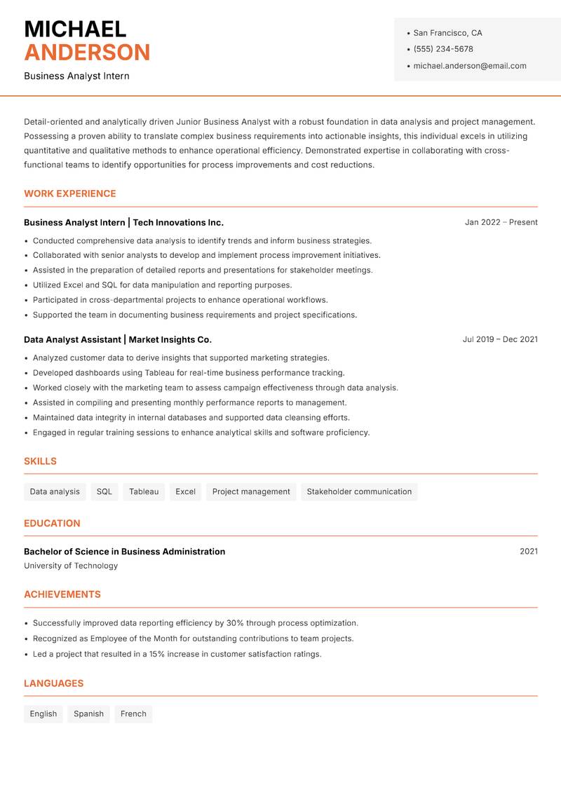 Junior Business Analyst Resume Template