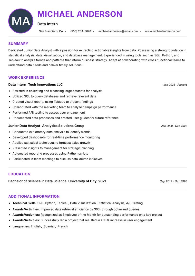 Junior Data Analyst Resume Preview Example