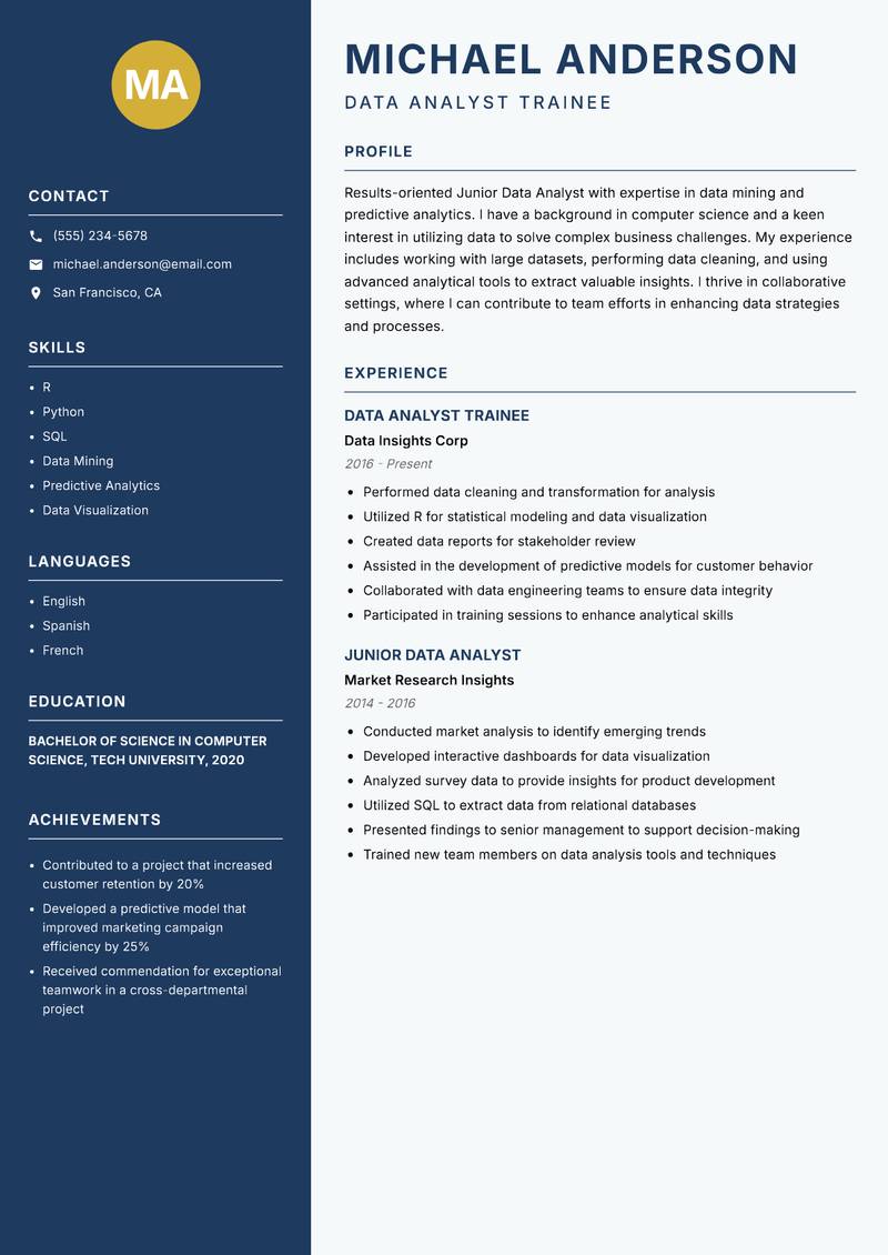 Junior Data Analyst Resume Preview Example