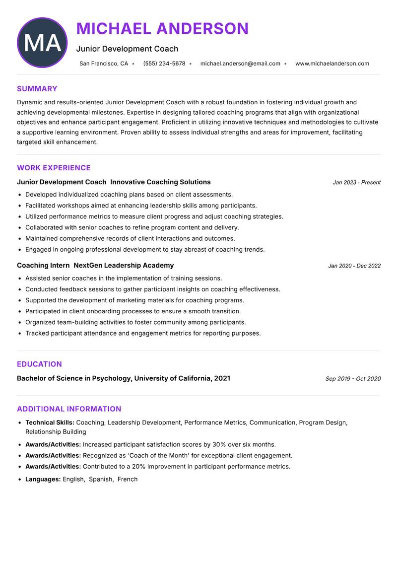 Junior Development Coach Resume Preview Example