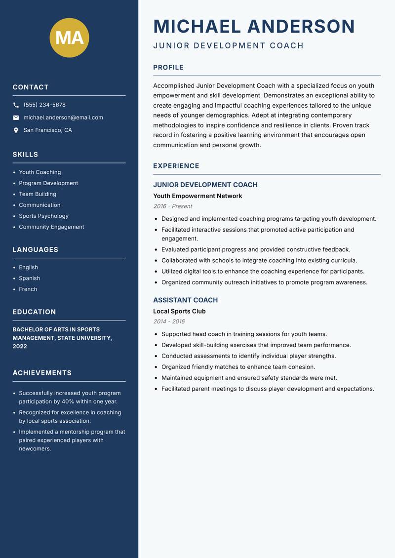 Junior Development Coach Resume Preview Example