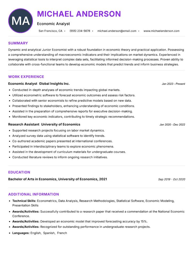 Junior Economist Resume Preview Example
