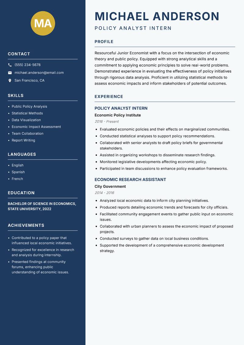 Junior Economist Resume Preview Example