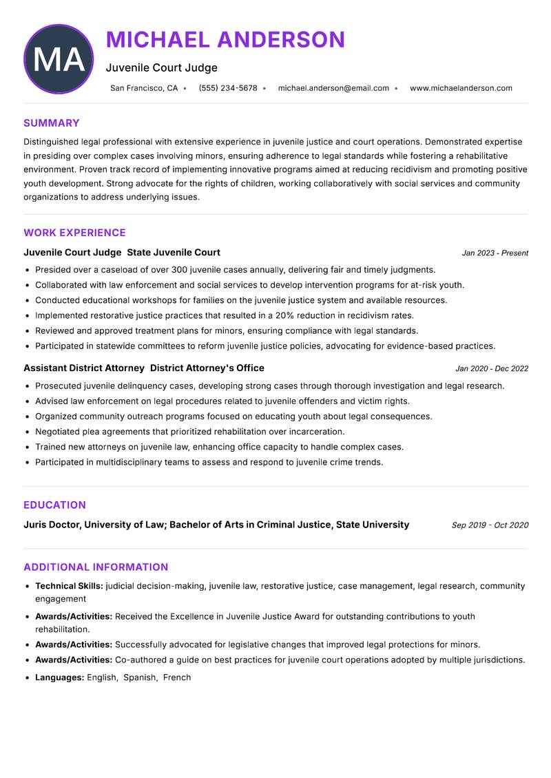 Juvenile Court Judge Resume Preview Example
