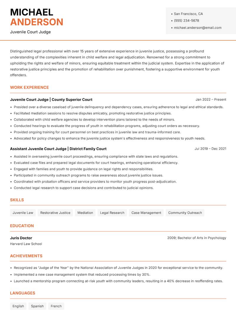 Juvenile Court Judge Resume Template