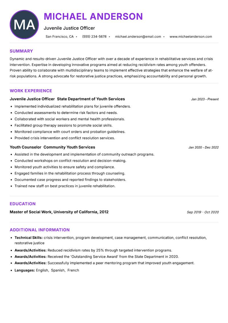 Juvenile Justice Officer Resume Preview Example
