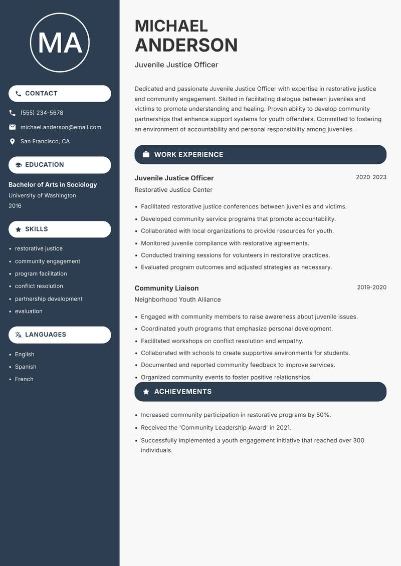 Juvenile Justice Officer Resume Preview Example