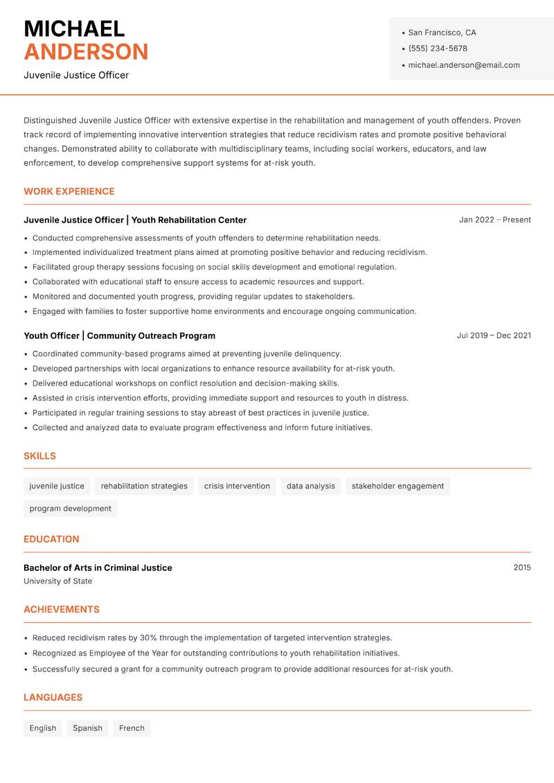 Juvenile Justice Officer Resume Template