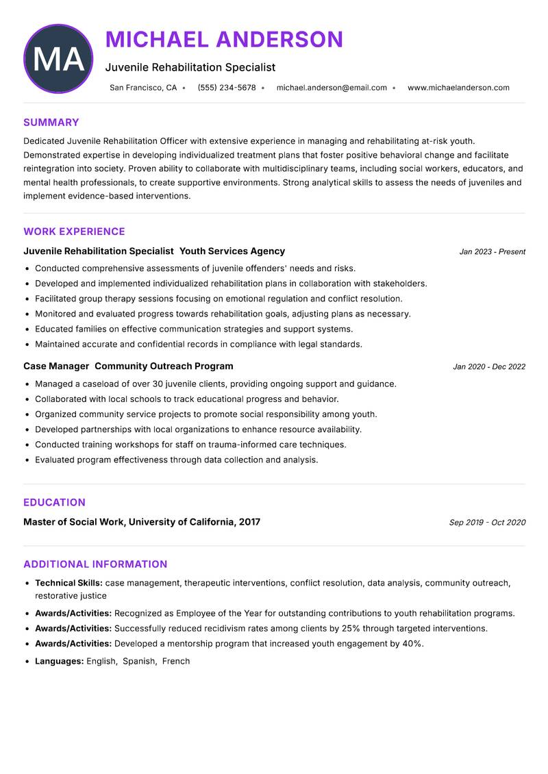 Juvenile Rehabilitation Officer Resume Preview Example