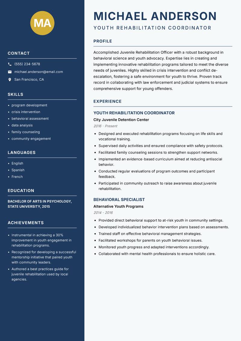 Juvenile Rehabilitation Officer Resume Preview Example
