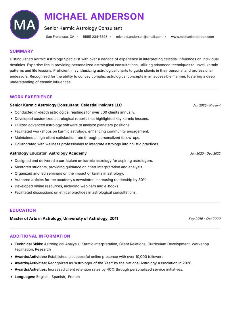 Karmic Astrology Specialist Resume Preview Example