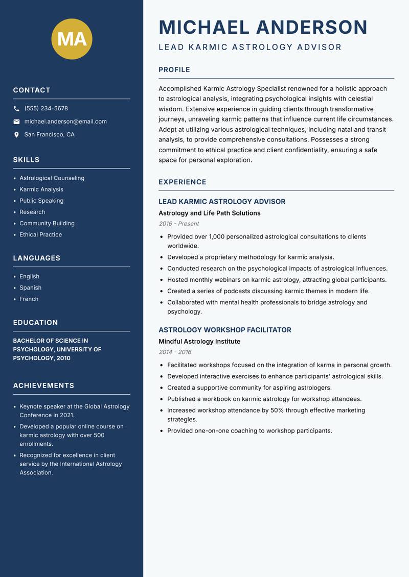 Karmic Astrology Specialist Resume Preview Example