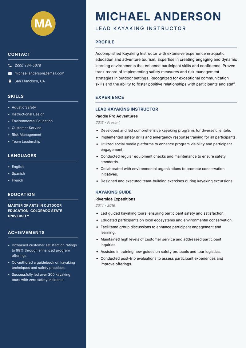 Kayaking Instructor Resume Preview Example