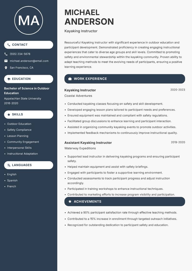 Kayaking Instructor Resume Preview Example