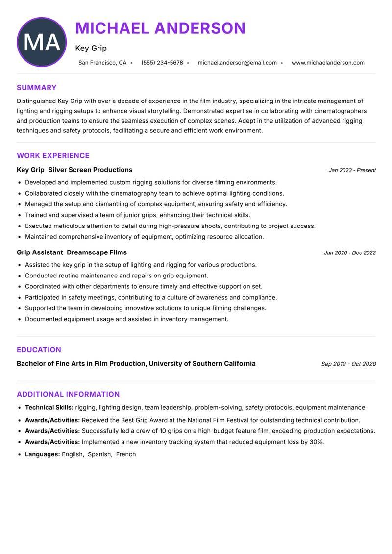 Key Grip Resume Preview Example