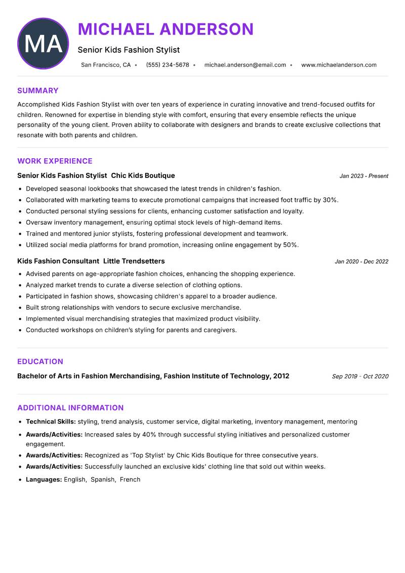 Kids Fashion Stylist Resume Preview Example