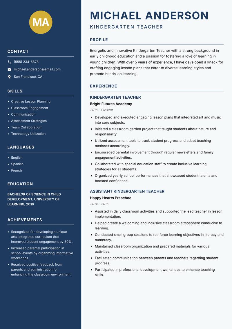 Kindergarten Teacher Resume Preview Example