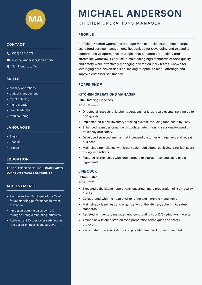 Kitchen Operations Manager Resume Preview Example