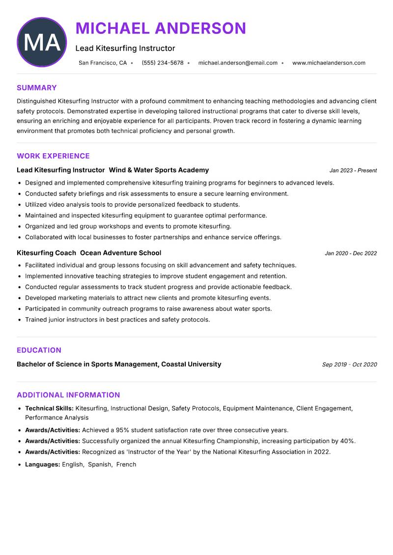 Kitesurfing Instructor Resume Preview Example