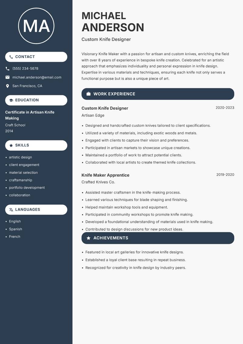 Knife Maker Resume Preview Example