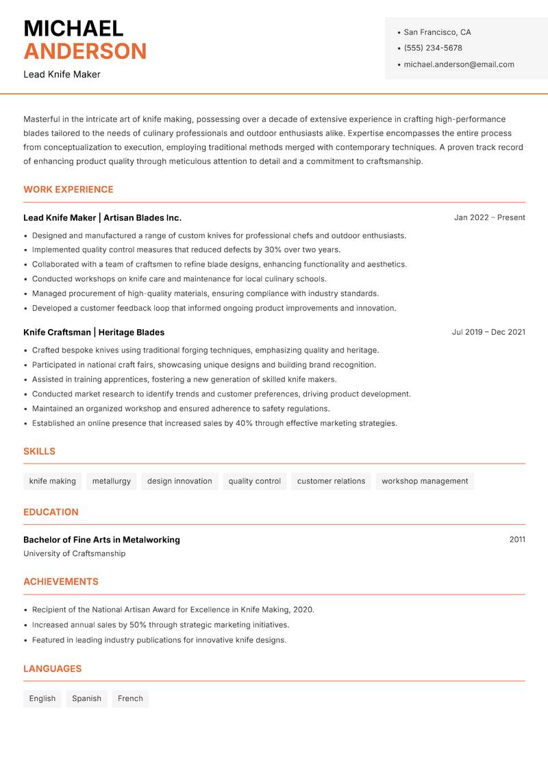 Knife Maker Resume Template