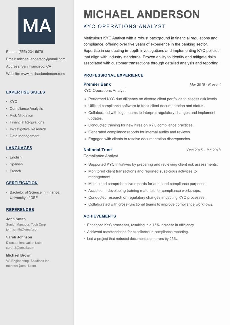KYC Analyst Resume Preview Example