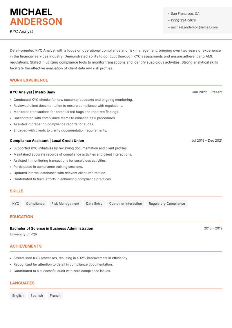 KYC Analyst Resume Template