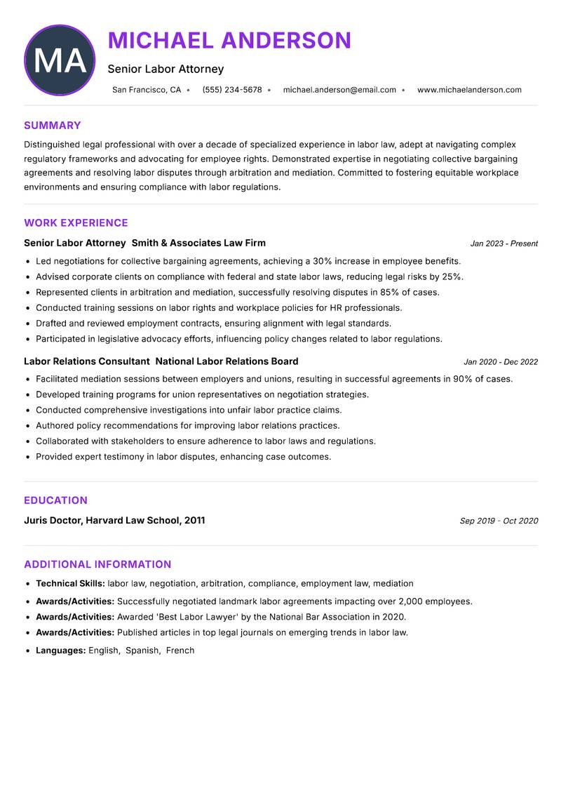 Labor Lawyer Resume Preview Example