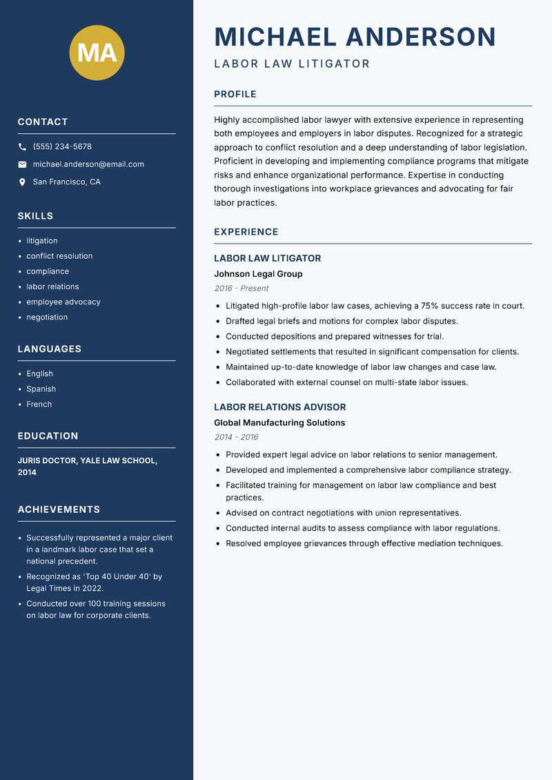 Labor Lawyer Resume Preview Example