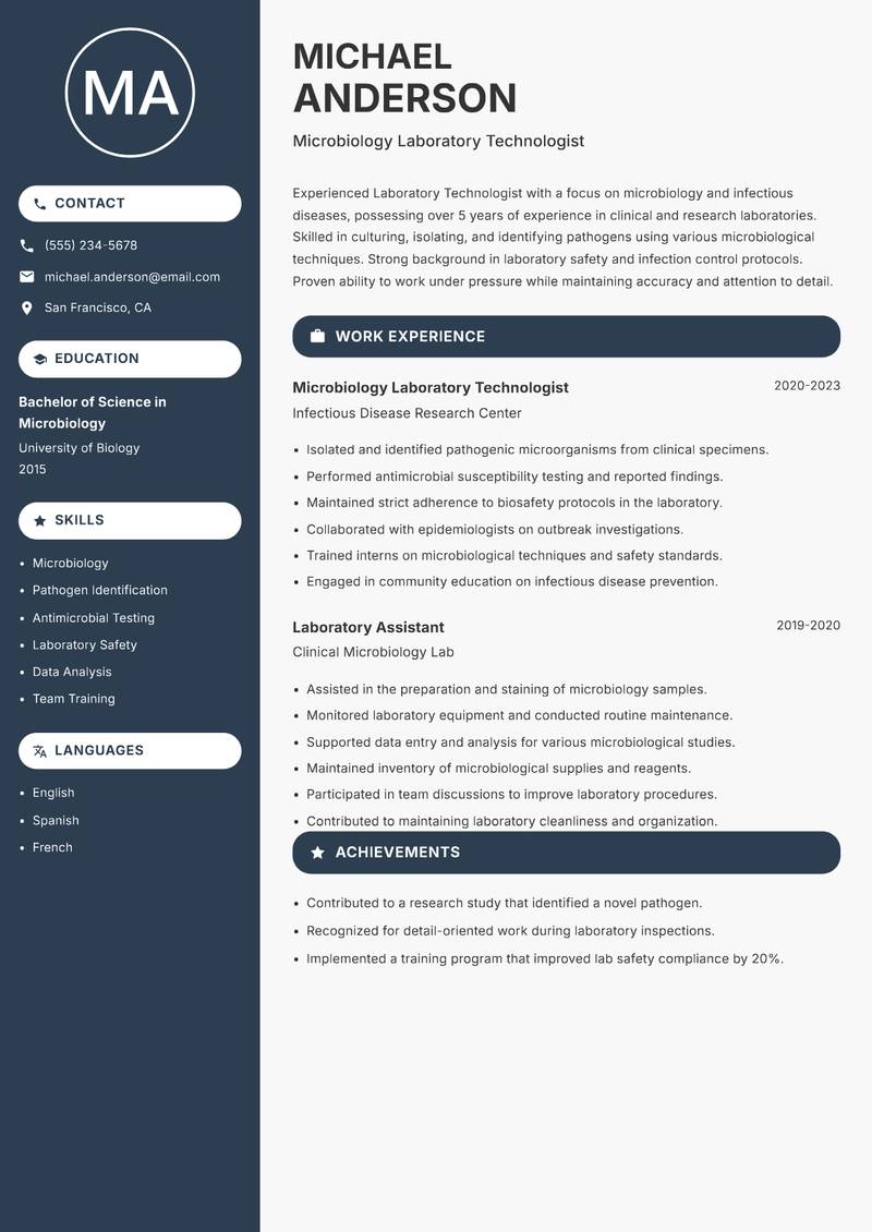 Laboratory Technologist Resume Preview Example