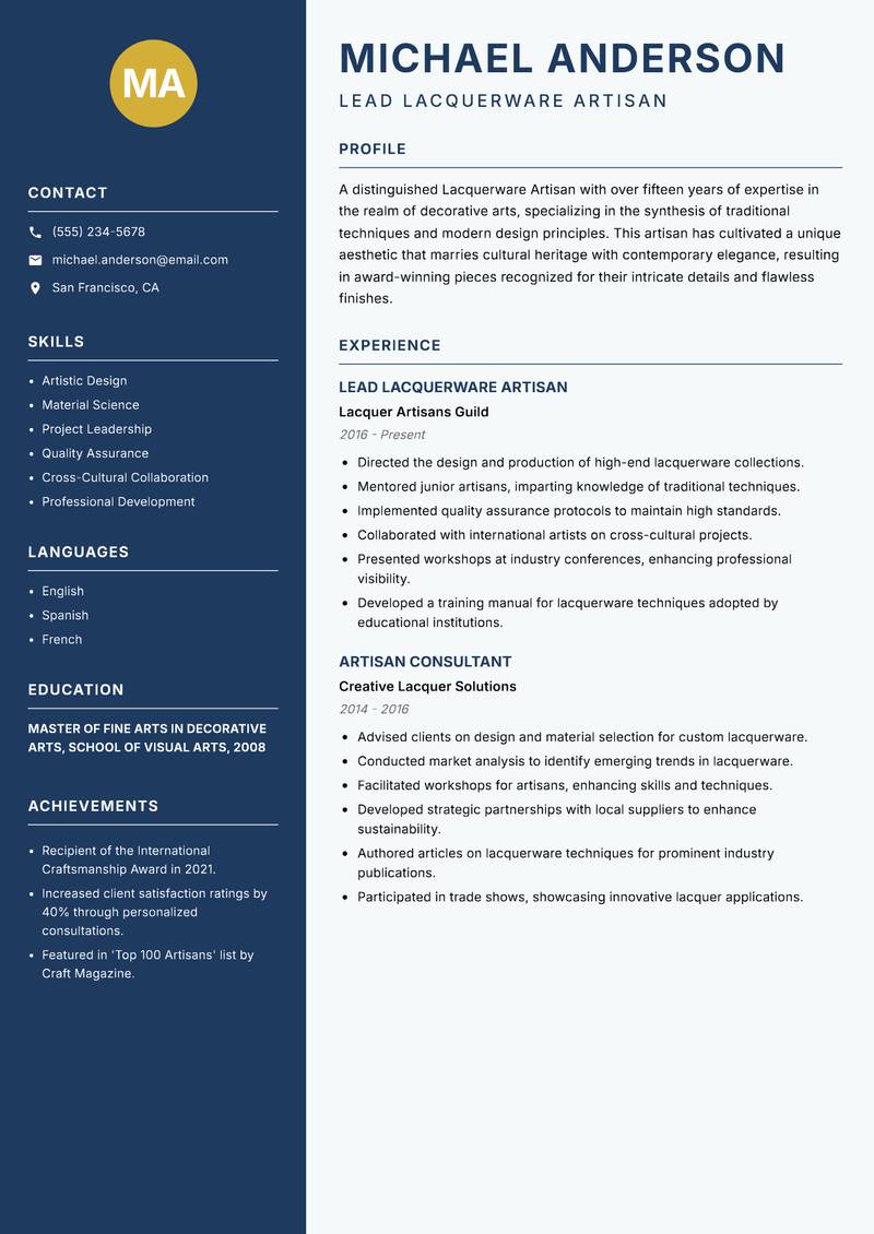 Lacquerware Artisan Resume Preview Example