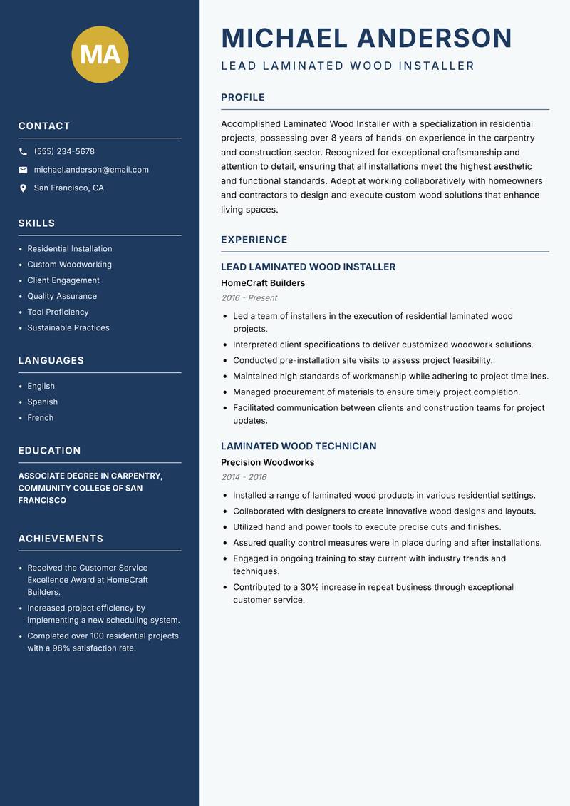 Laminated Wood Installer Resume Preview Example