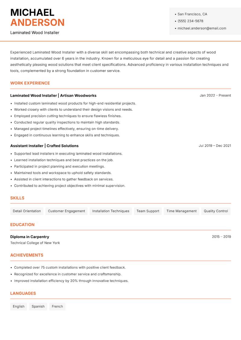 Laminated Wood Installer Resume Template
