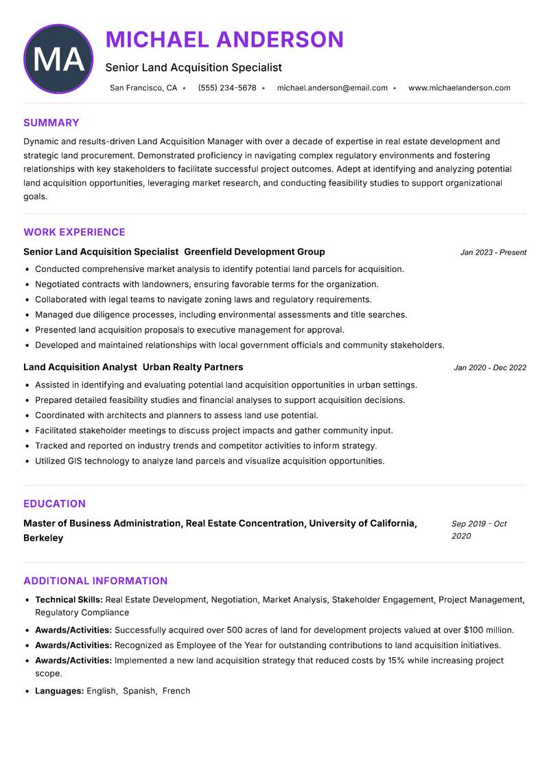 Land Acquisition Manager Resume Preview Example