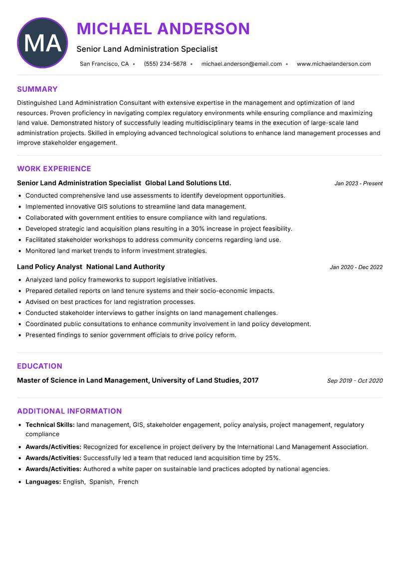 Land Administration Consultant Resume Preview Example