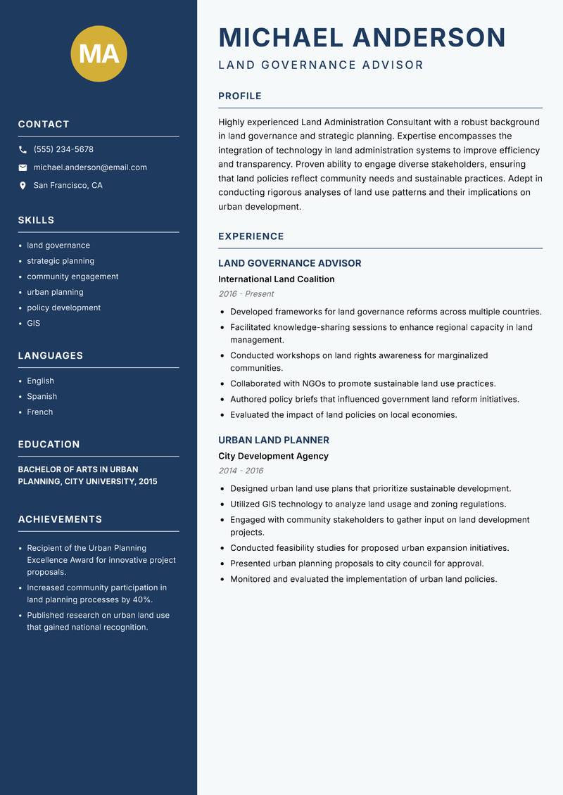 Land Administration Consultant Resume Preview Example