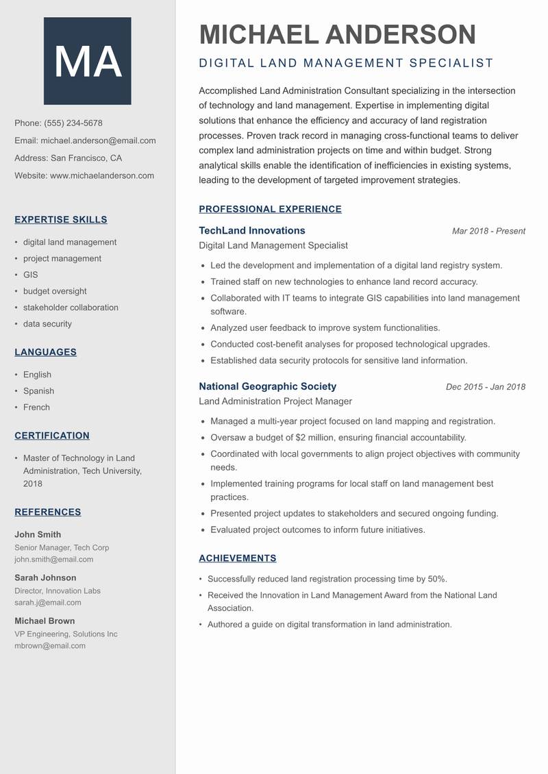 Land Administration Consultant Resume Preview Example