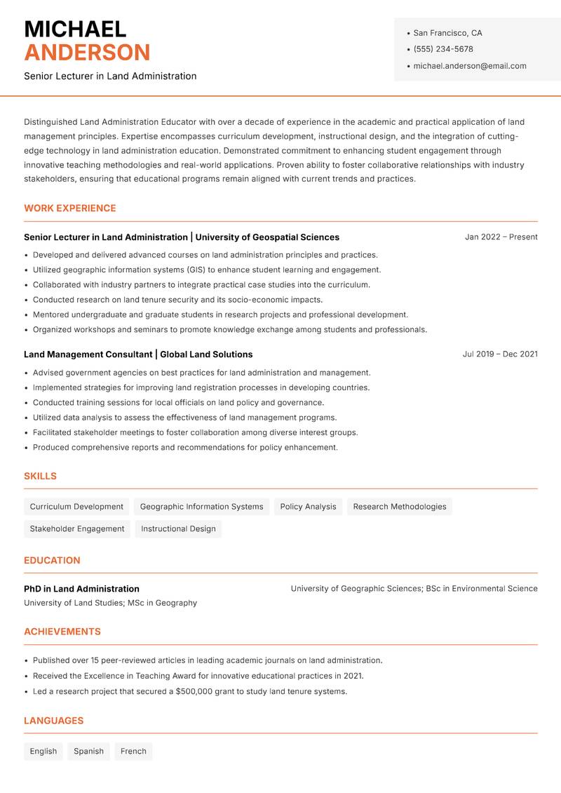 Land Administration Educator Resume Template