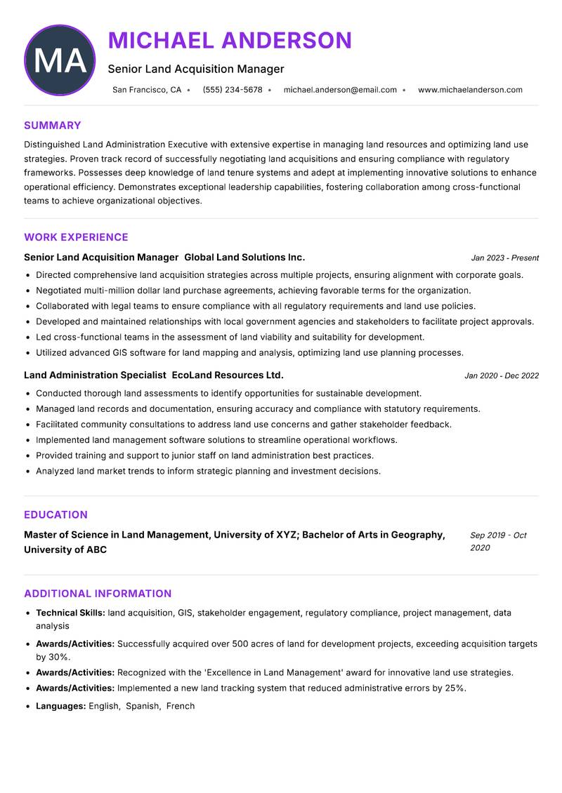 Land Administration Executive Resume Preview Example