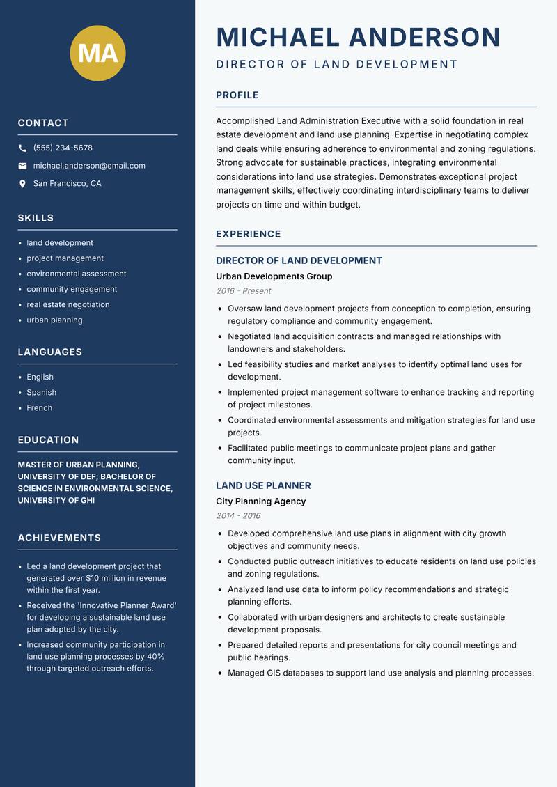 Land Administration Executive Resume Preview Example