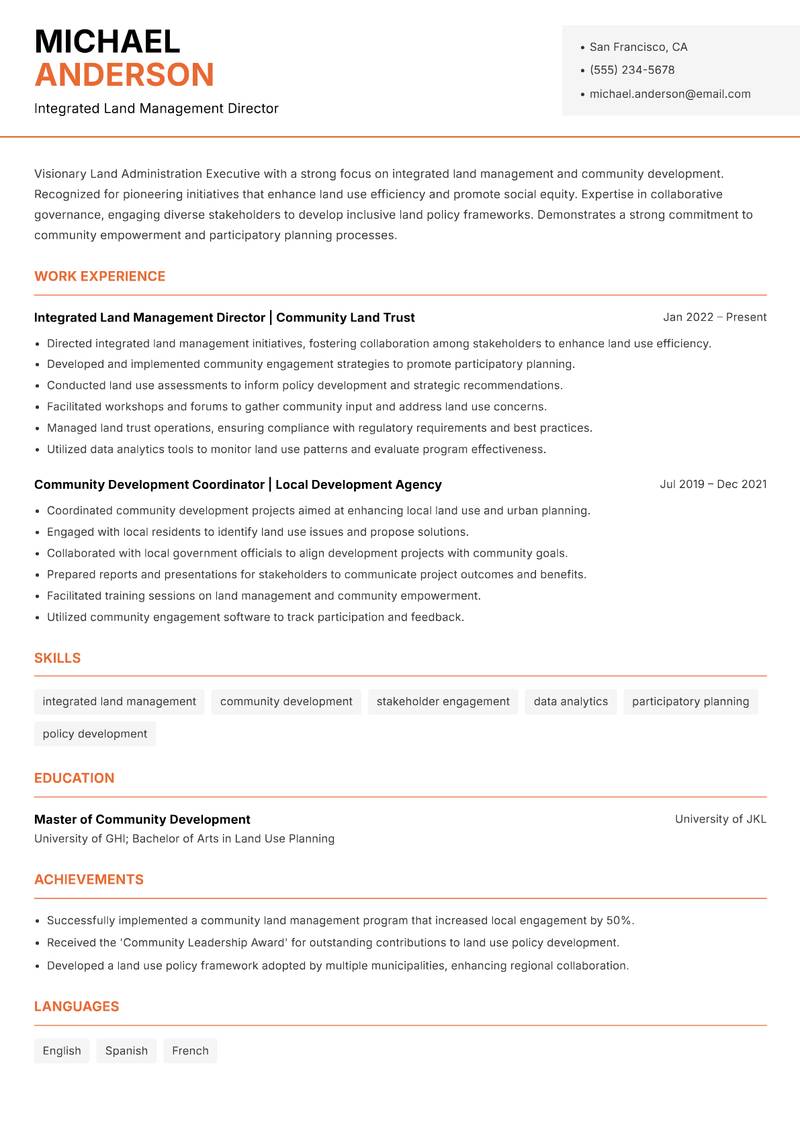 Land Administration Executive Resume Template