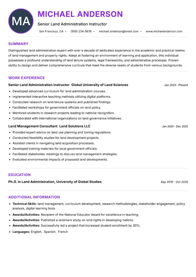 Land Administration Instructor Resume Preview Example