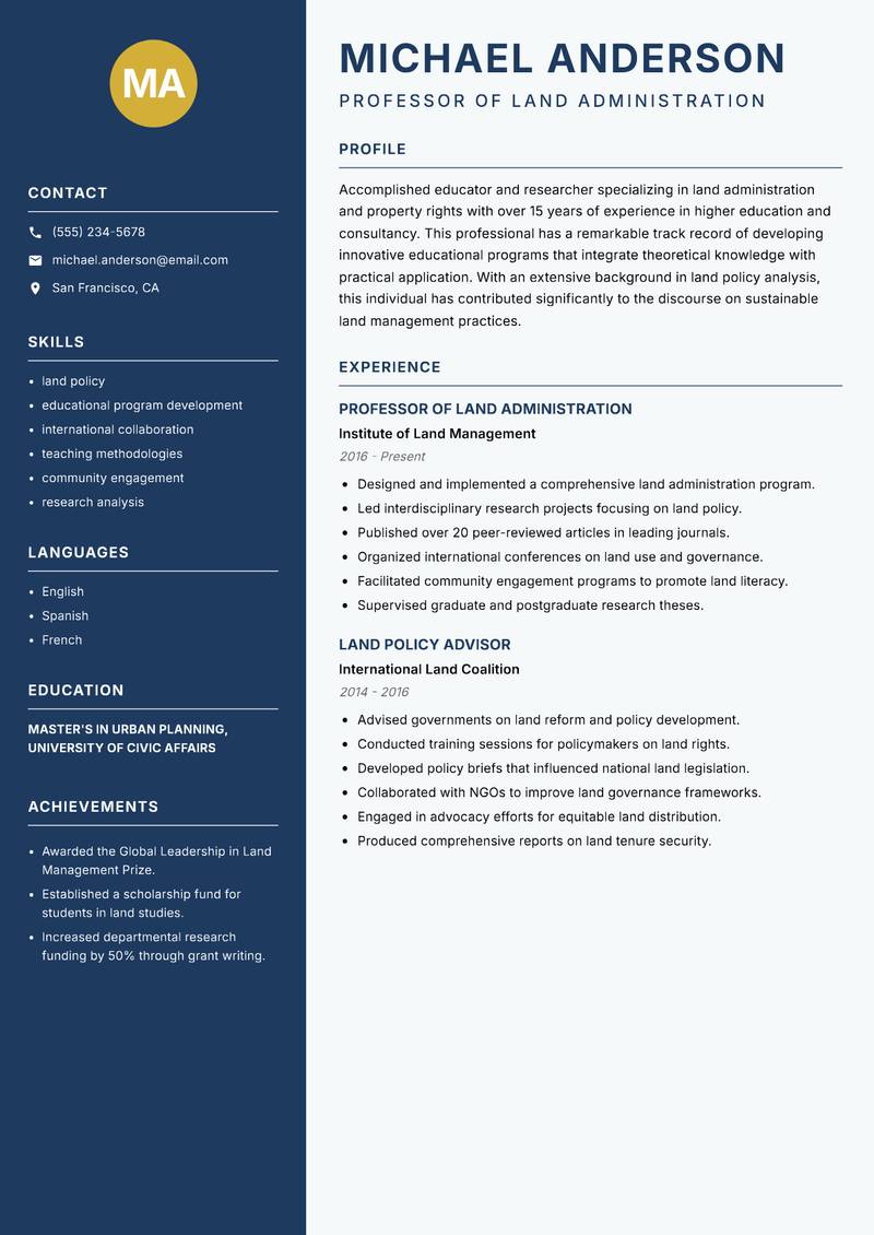 Land Administration Instructor Resume Preview Example