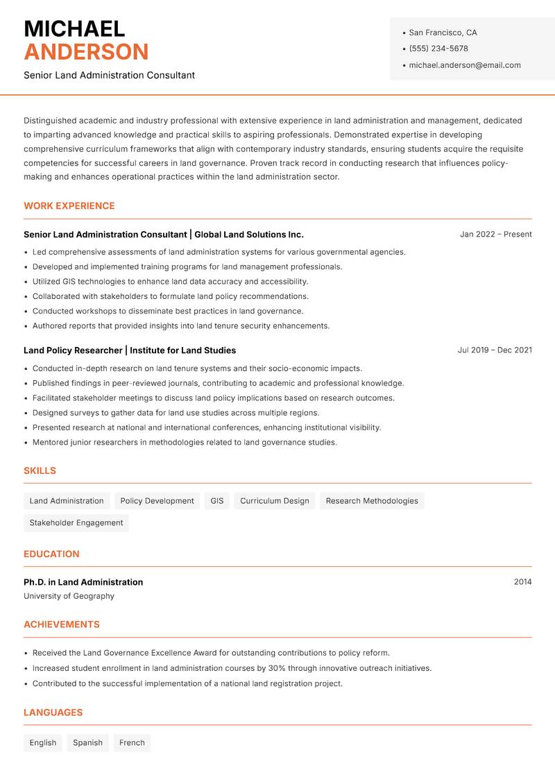 Land Administration Instructor Resume Template
